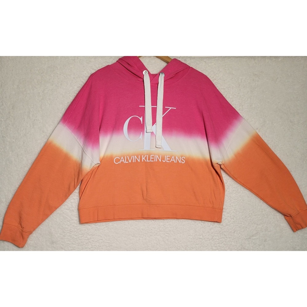 Calvin Klein Jeans Sweatshirt Large Dip Dye Hoodie Orange Pink Crop Top‎ 0257